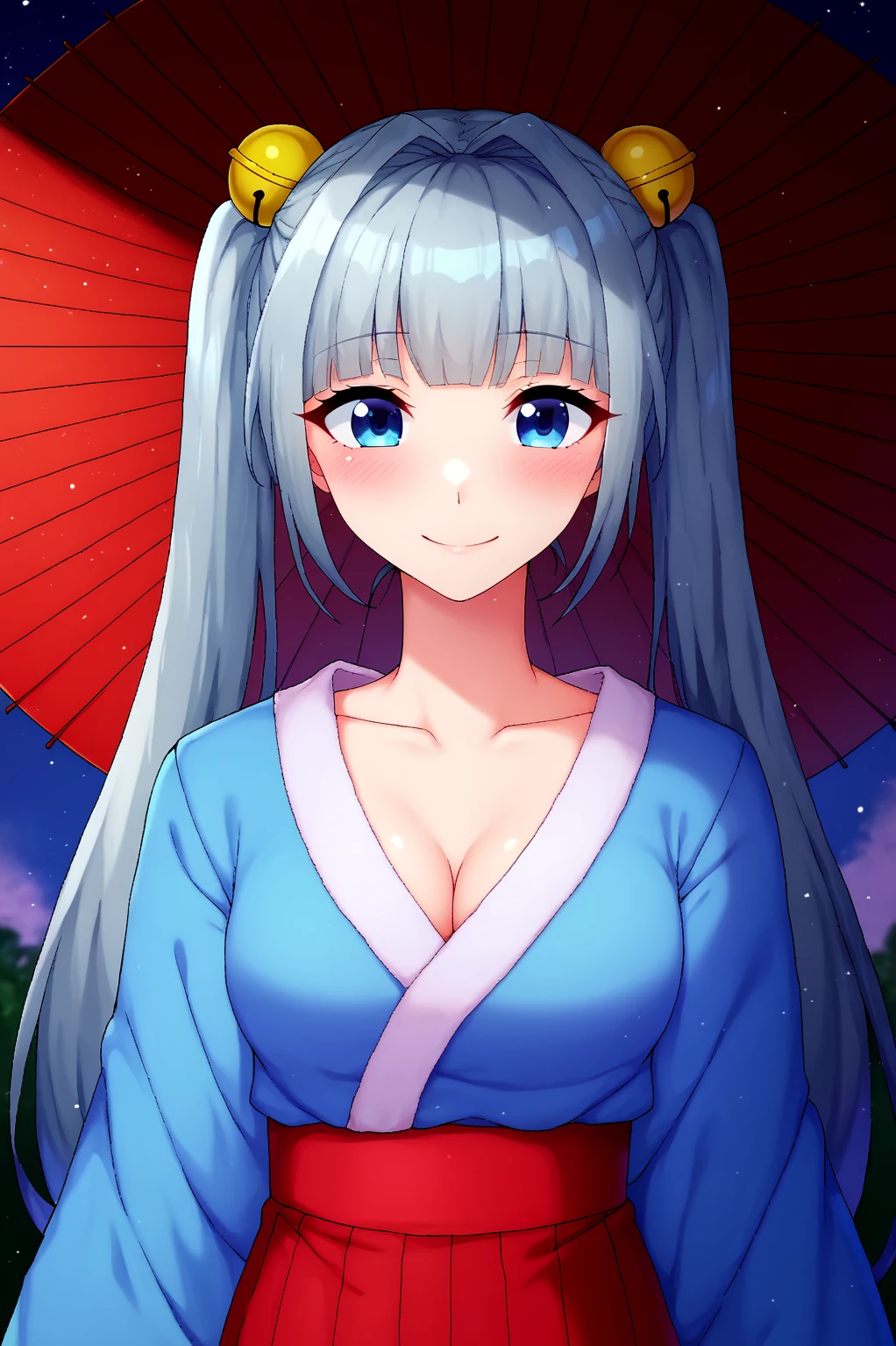 score_9, score_8_up, score_7_up, source_anime, perfect lines,  oborozuka akari, 1girl, solo, long hair, grey hair, twintails, hair bell, light blue kimono, red hakama, (((hmyrakari, himeyuri enbukyou))), blue eyes, cleavage, light smile, blush, dutch angle, oil-paper umbrella, sparkle <lora:onibiv2:1>