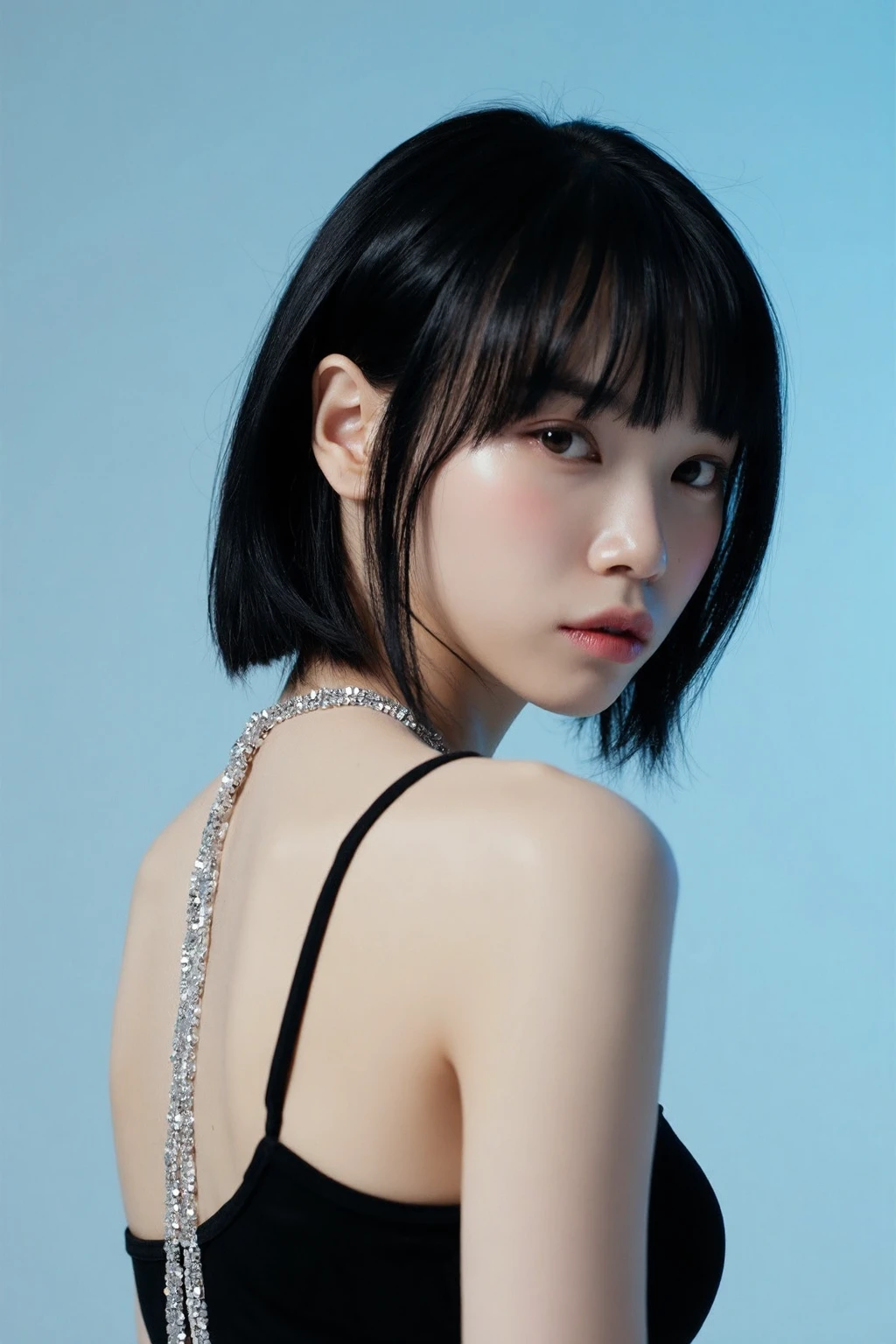 This image showcases a young woman in a minimalistic, high-fashion pose. She is turned slightly to her right, with her face and upper body in focus. Her dark hair is cut in a sleek, straight bob with blunt bangs that frame her face, giving her a modern, edgy look. A few strands of hair are gently blown out of place, adding a dynamic and natural feel to the composition.
She is wearing a black, sleeveless top with thin spaghetti straps, which adds to the simplicity and elegance of the image. The back of the top features unique, decorative detailing with sparkling rhinestone chains that connect horizontally across her back, giving the outfit a subtle yet glamorous twist. The black outfit contrasts sharply with her pale skin, making her overall appearance stand out against the soft, gradient blue background.
Her expression is calm yet intense, with her lips slightly parted and her gaze looking directly into the camera, creating a sense of intimacy and directness. The lighting is soft and evenly distributed, enhancing the natural texture of her skin and highlighting her features without any harsh shadows.,<lora:flux_realism_lora:1>, . <lora:makinaflux_chaewon_v1.0:1>