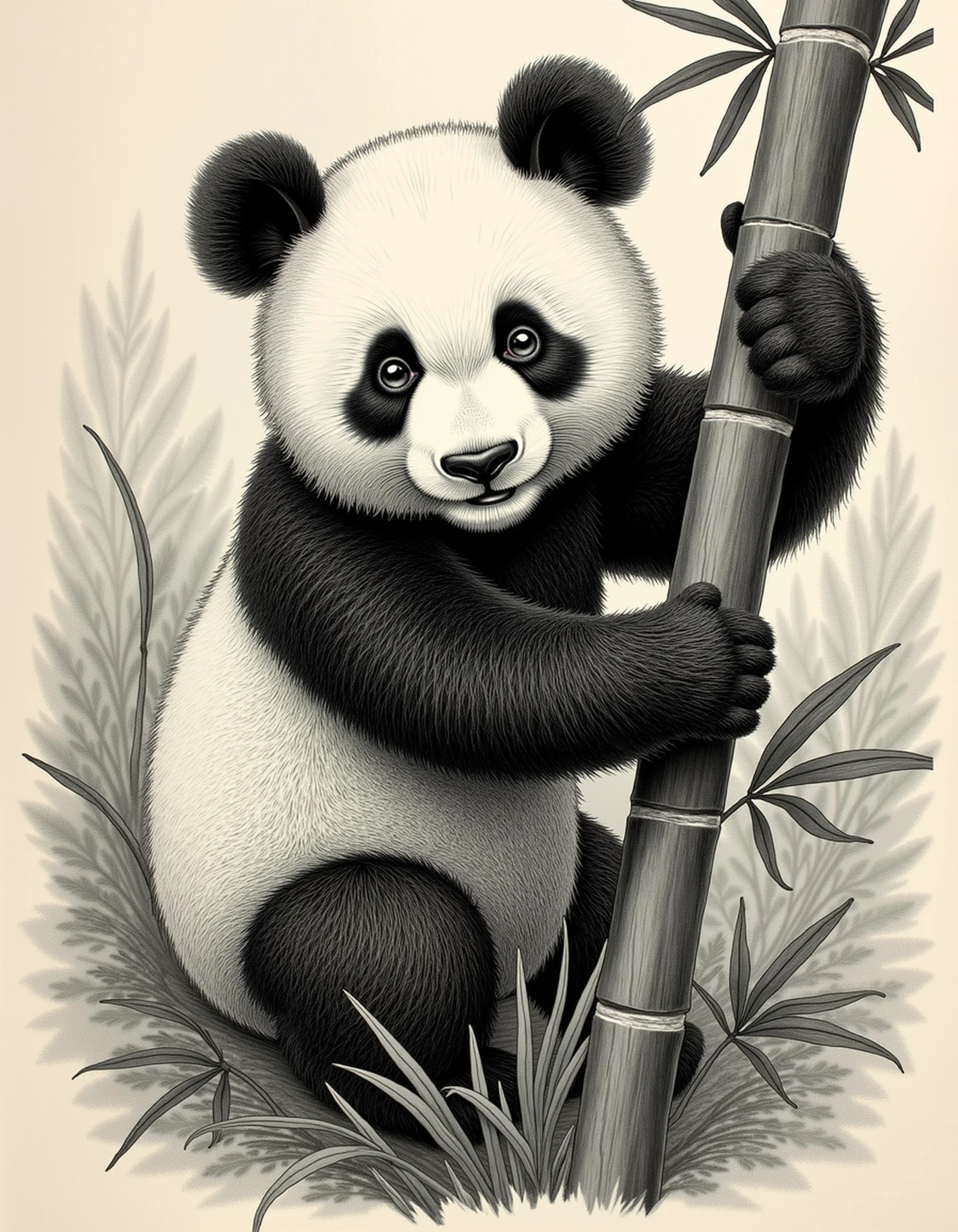 An etched scene of a panda bear with fluffy fur and big bright eyes looking at the viewer, climbing in a bamboo forest, with leaves, detailed etching. DollarStyle.