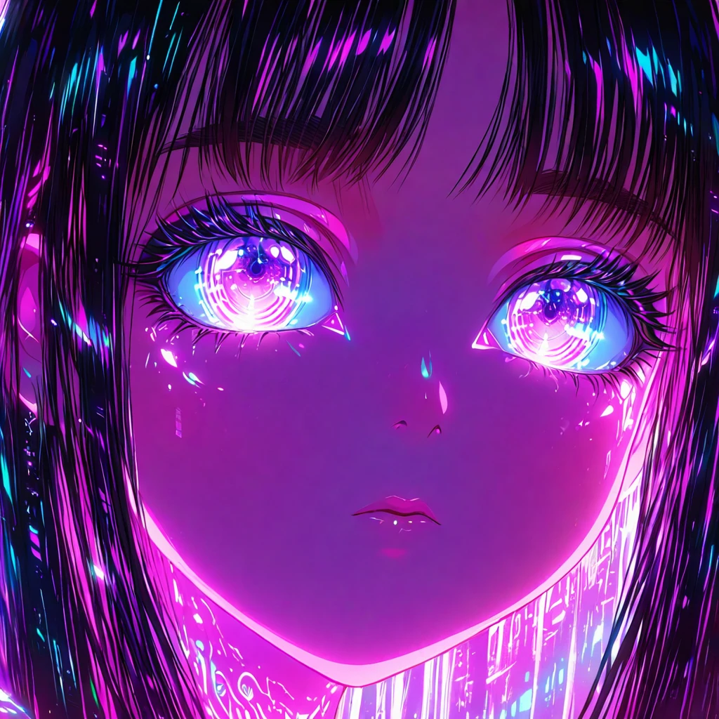 The image is a highly detailed, digital illustration in a vibrant, neon-lit style. The subject is a young woman with striking, ethereal features. Her skin has a smooth, almost translucent quality, with a soft, glowing sheen, particularly noticeable on her cheeks and forehead. Her eyes are an intense, glowing magenta, with intricate, shimmering details that suggest iridescent, almost supernatural qualities. Her eyelashes are long and dark, framing her eyes dramatically.,
, <lora:holographic:0.8>