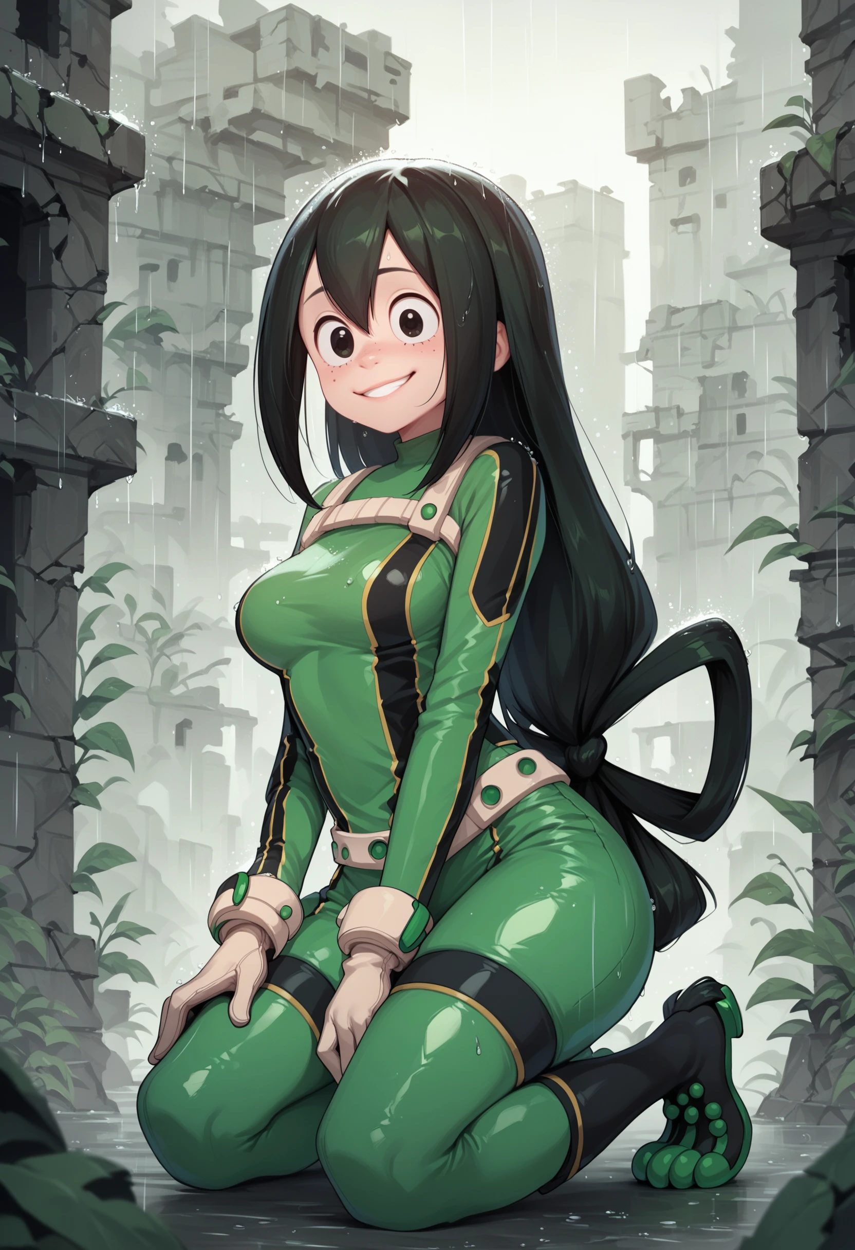 zPDXL3, score_9, score_8_up, score_7_up, score_6_up, score_5_up, score_4_up, 
1girl, solo, medium breasts, 
crazy smile, kneeling,
green bodysuit, black legwear, 
ruins, rain, 
<lora:MHA - Asui Tsuyu v1:1> mhatsuyu,