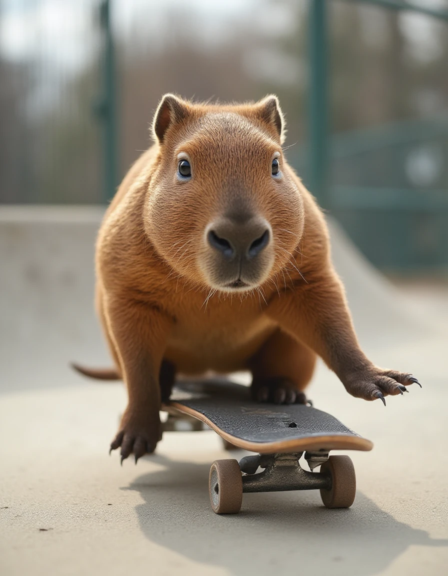 action sports photography, of a stunning capybara, riding a skateboard through a halfpipe  <lora:FHM_Magazine_Concept:1>