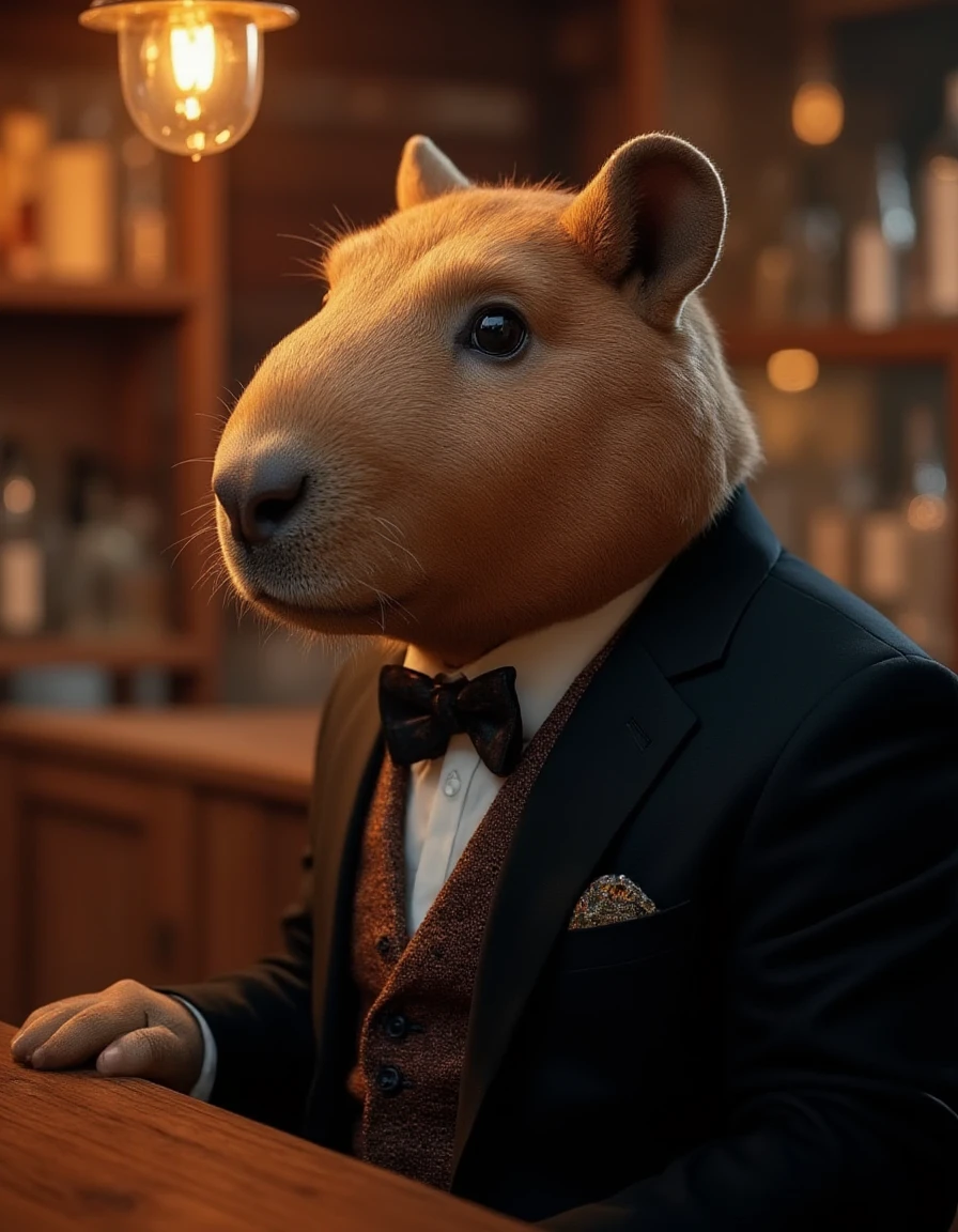 photo of a dapper dressed capybara, he is wearing a black suit and is waiting at a bar for a drink  <lora:FHM_Magazine_Concept:1>