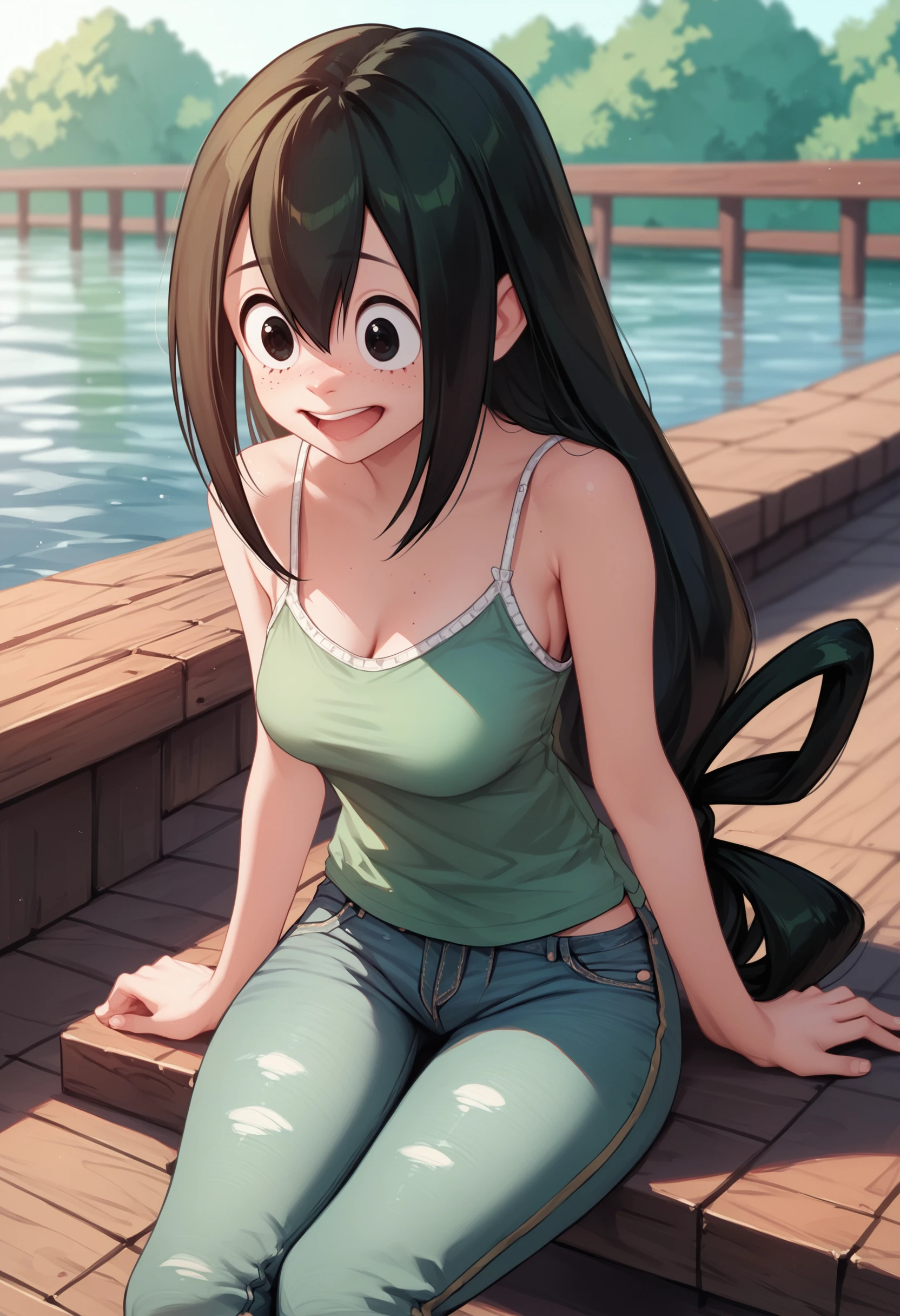 zPDXL3, score_9, score_8_up, score_7_up, score_6_up, score_5_up, score_4_up, 
1girl, solo, medium breasts, 
excited, sitting,
camisole, pants rolled up,
pier,
<lora:MHA - Asui Tsuyu v1:1> mhatsuyu,