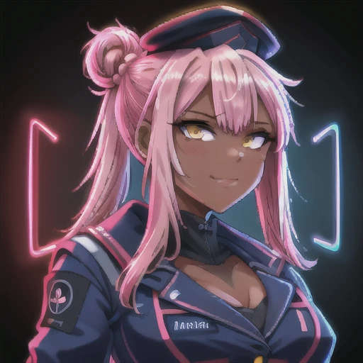 masterpiece, best quality, 

chloe, yellow eyes, dark skin, pink hair, long hair, hair ornament, half updo, stomach tattoo, 1girl, solo, pink hair, side ponytail,

uafporait, military, goverment, dark blue uniform, blue navy captain hat, dark blue white clothes, 
red backlight, blue backlight

