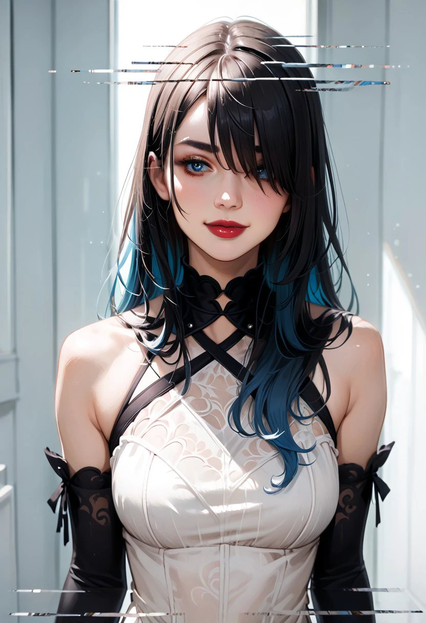 score_9, score_8_up, score_7_up, 
d1splaygl1tchl1nes, DisplayGlitchLines,Display Glitch Lines,
rating_safe, 
1girl, solo, long hair, breasts, looking at viewer, blush, smile, bangs, blue eyes, large breasts, black hair, closed dress, gloves, dress, bare shoulders, closed mouth, blue hair, upper body, multicolored hair, elbow gloves, hair over one eye, collar, lips, gradient hair, red lips,