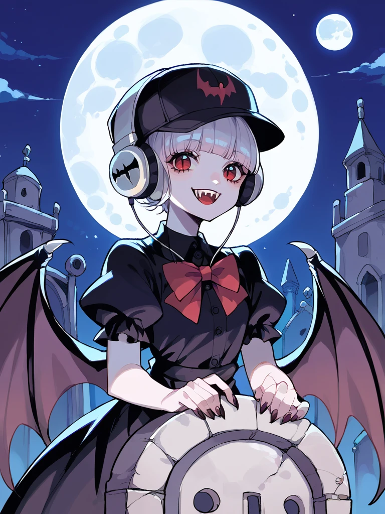 score_9,score_8_up,score_7_up,source_anime,rating_questionable,higres illustration,1girl,<lora:headphones_hat:1>,hat,upper body,horror \(theme\),castle,vampire,tombstone,bat wings,night,moon,bobcut,puffy sleeves,smile,headphones,