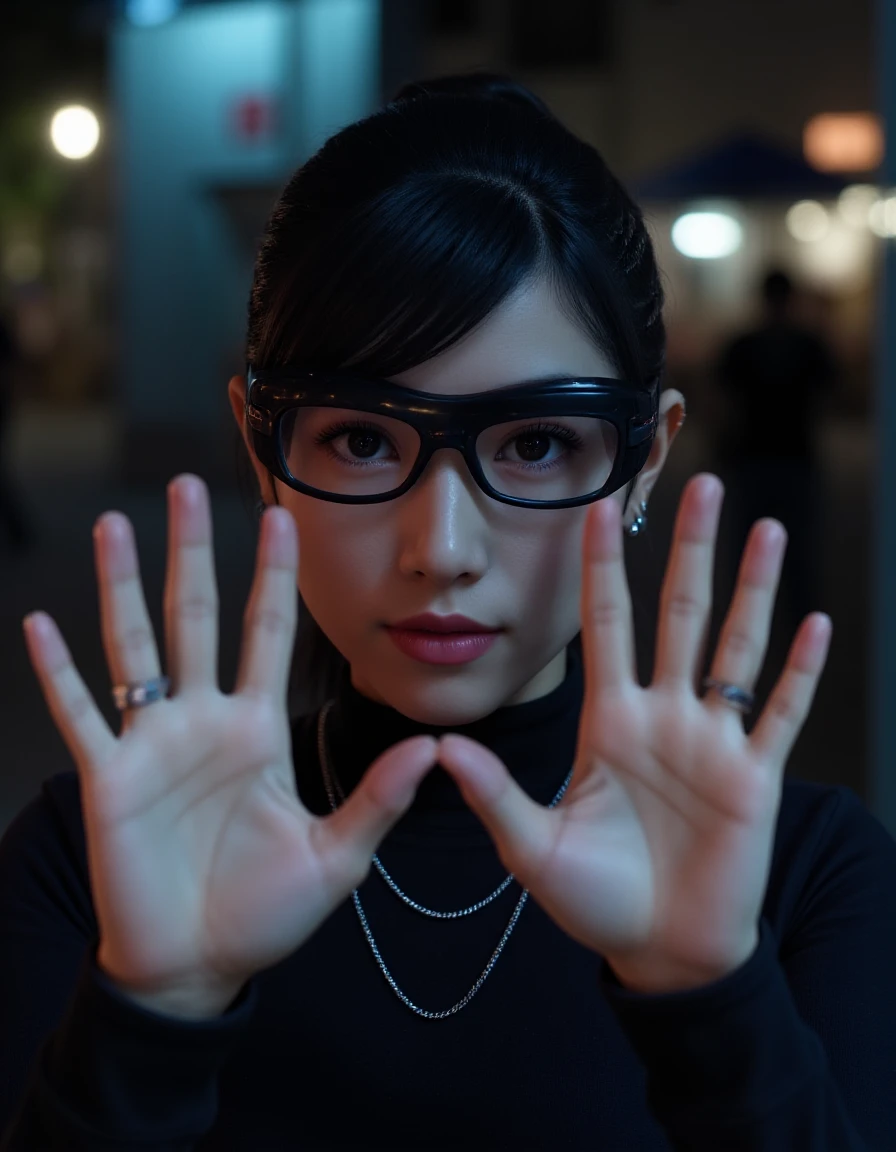 <lora:Chitose Fujinomiya FLUX:0.8> woman, photograph, wearing headwear, mundane High-Tech Girl, Hands Up Pose, shallow depth of field, Darksynth, Tintage, Fujichrome Provia 100F, F/5, highly detail, epic, highly enhanced, best, cool colors, ambient atmosphere, perfect symmetry, dramatic