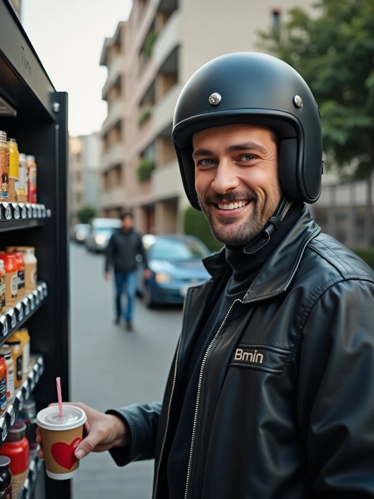 Tuna is on a film set in a nice neighborhood in Izmir. He looks cool and is wearing motorcycle gear. In the scene that is currently being filmed, he buys a coffee from a vending machine. He is smiling