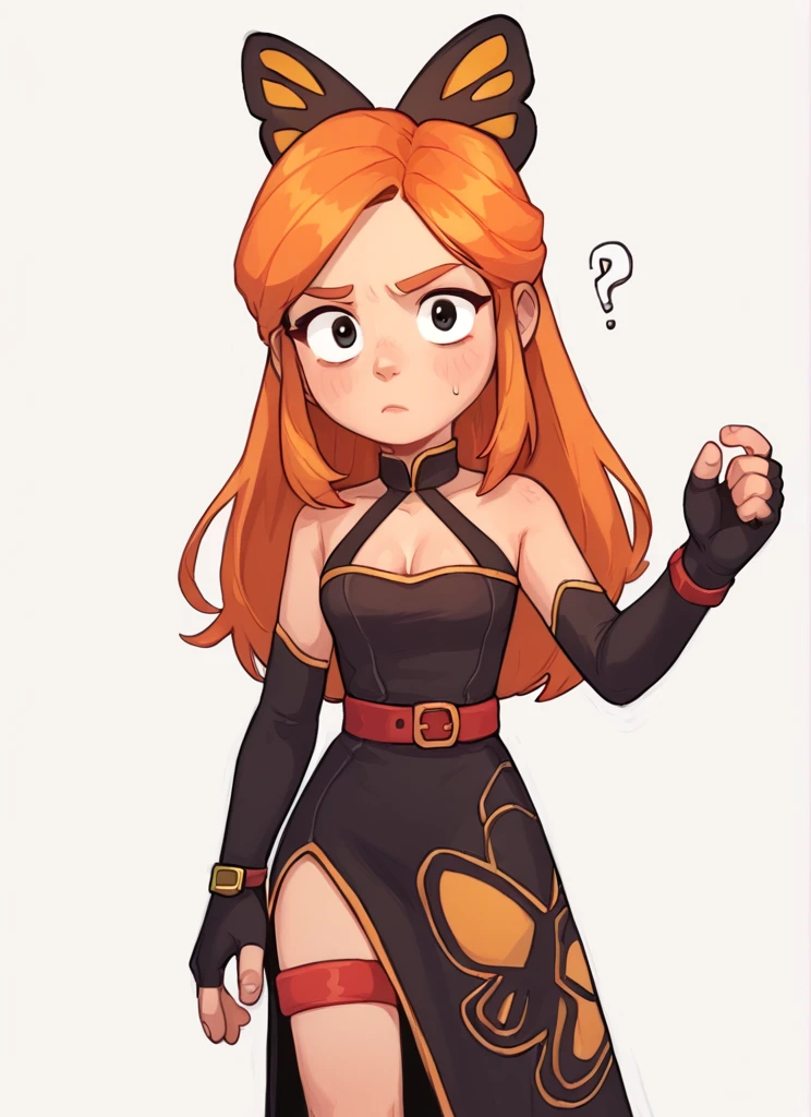 score_9, score_8_up, score_7_up,   1  girl  , bpiper  , orange hair, long hair,  butterfly hair ornament, cleavage , black sleeveless dress,long dress,  pelvic curtain, red thigh strap,  belt ,  black elbow gloves, fingerless gloves  <lora:bpiper-000004:1> <lora:PossumMachine:1>posmach  , confused, ??? ,looking at viewer, simple background,