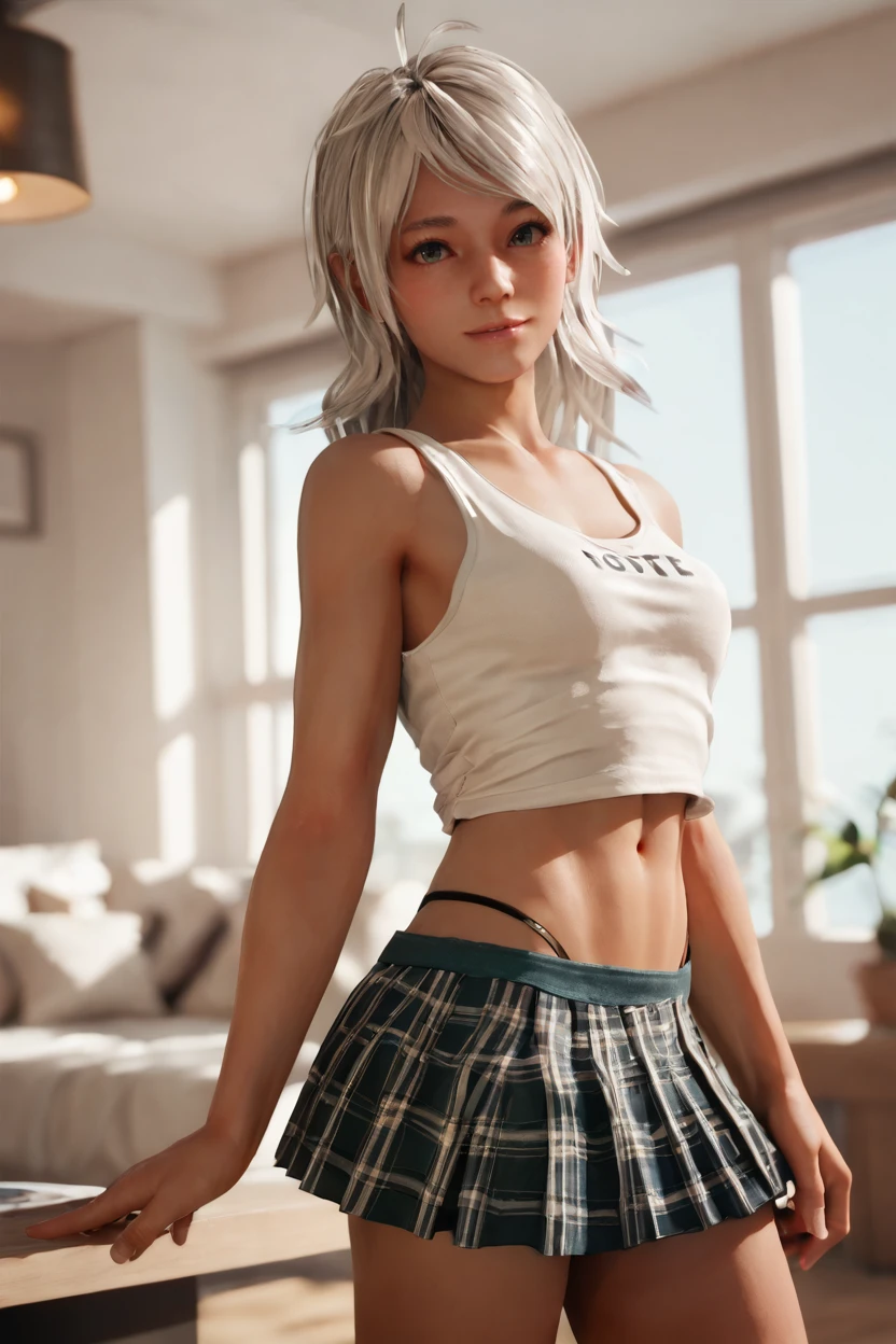 <lora:doa_patty:0.9> patty, skirt, tank top, hotel lobby, indoors, thong, white hair, cute, midriff, score_9, score_8_up, score_7_up, zPDXL3