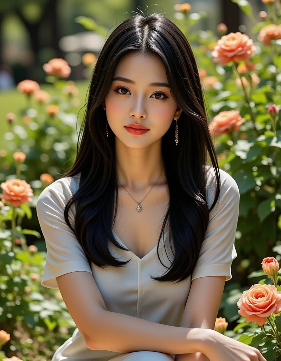 A stunning and photorealistic portrait of a beautiful Asian woman with long, flowing black hair, sitting gracefully in a lush garden surrounded by vibrant flowers. Natural sunlight highlights her delicate features, creating a warm and inviting atmosphere <lora:Asian_Beauty-000001:1>