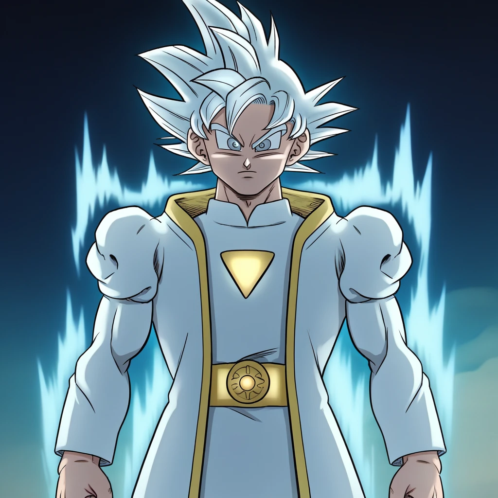 score_9_up, score_8_up, BREAK, Omni-Goku, 1boy, solo, white hair, spiked hair, grey eyes, Omni-King Outfit, open clothes, cowboy shot,  <lora:Omni-Goku_RisingFist_PXL_Leaf1:1>, aura, glowing hair,