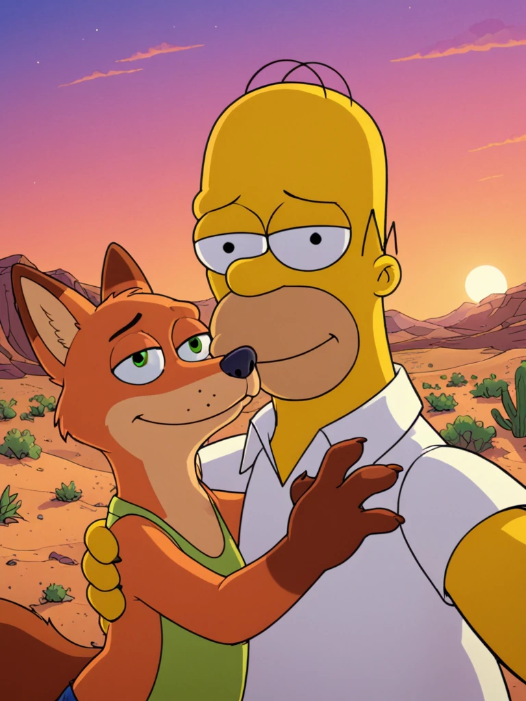 cel shading, (homer simpson:1.1), nick wilde, human and fox, (duo:1.1), side hug, selfie shot, smile, desert, side hug, interspecies, romantic, different species