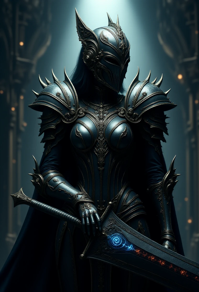 Dark gothic fantasy style. female flux_dk with an imposing presence in ornate heavy armor. The armor is a mix of metallic silver and black. Her helmet has a smooth surface, and features a visor that obscures her face Short black hair can be seen in back of the helmet. She is holding before a large edged sword with a glowing ethereal blade. The lighting is dramatic with bright highlights on the armor and the sword. <lora:Dark_Knights_Flux:1>