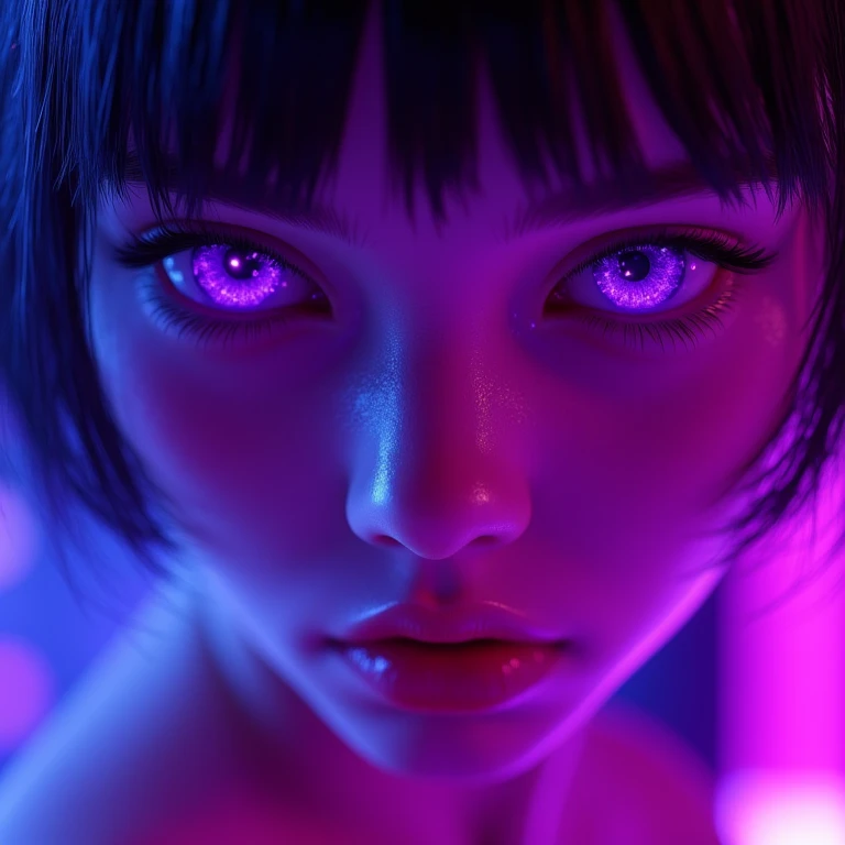 This image is a highly detailed, hyper-realistic CGI rendering of a young woman's face. The artwork features a close-up of a person with striking, glowing purple pupil and black sclera, which dominate the scene, giving a surreal, almost ethereal quality. The eyes are wide open, with a hint of intensity and curiosity. Her skin has a smooth, almost luminescent texture, bathed in a vibrant, neon purple light that casts a mesmerizing glow across her face, <lora:holographic-flux_fast_1:0.8>