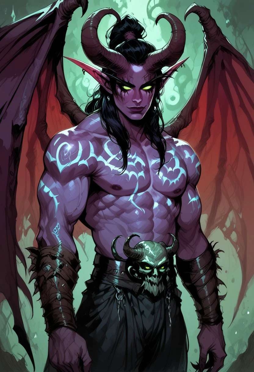 score_9, score_8_up, score_7_up, BREAK, 1boy cowboy-shot, dramatic lights ((Illidan Stormrage. IllidanStormrage. Illidan. Ilidanwc. Ilidanwarcraft night elf, black hair, sars, tatoos, demon boy, horns, big horns, large horns, bare chest, muscular, glowing tattos, tattoo, masculine, manly, wings, demon wings, bat wings, demon))