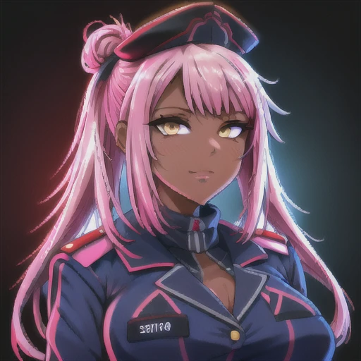 masterpiece, best quality, 

chloe, yellow eyes, dark skin, pink hair, long hair, hair ornament, half updo, stomach tattoo, 1girl, solo, pink hair, side ponytail,

uafporait, military, goverment, dark blue uniform, blue navy captain hat, dark blue white clothes, 
red backlight, blue backlight

