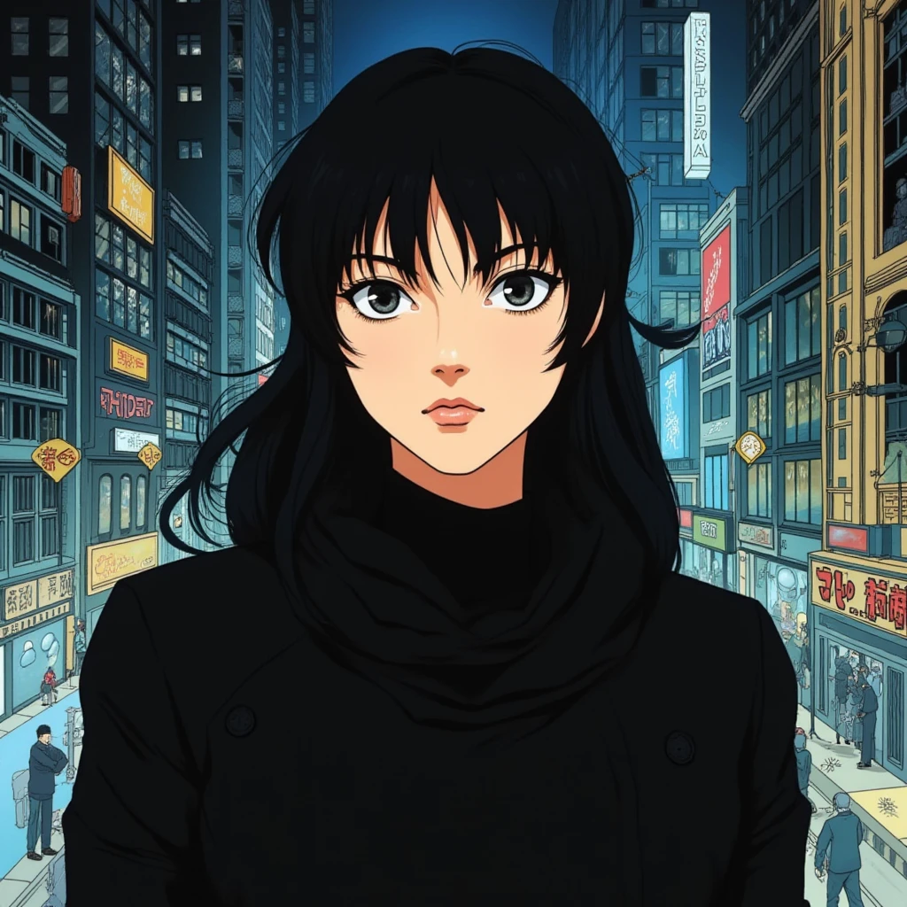 ((Retro 90s Anime style illustration)) drawing of a closeup on face of woman wearing a long black trench-coat futuristic city in the background in the style of the 90s anime Akira. , <lora:Katheryn_Winnick_FLUX_v1-000040:1>