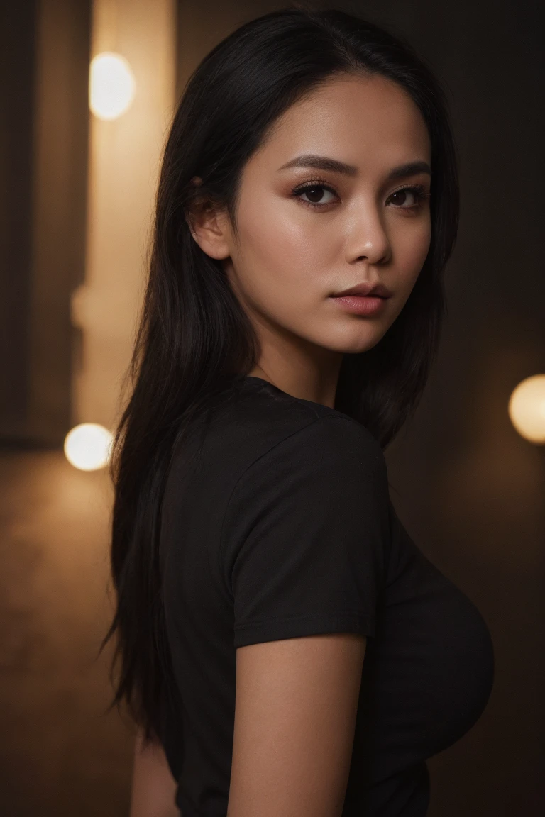 (Close-up photo:1.2) of a beautiful busty chubby woman 30yo,  long hair, slim waist, wide hips, black t-shirt, high contrast, highly detailed skin, dramatic lighting,
<lora:Indonesian_Woman_Molucan_Etnicity_SD1.5:0.8> molucan woman