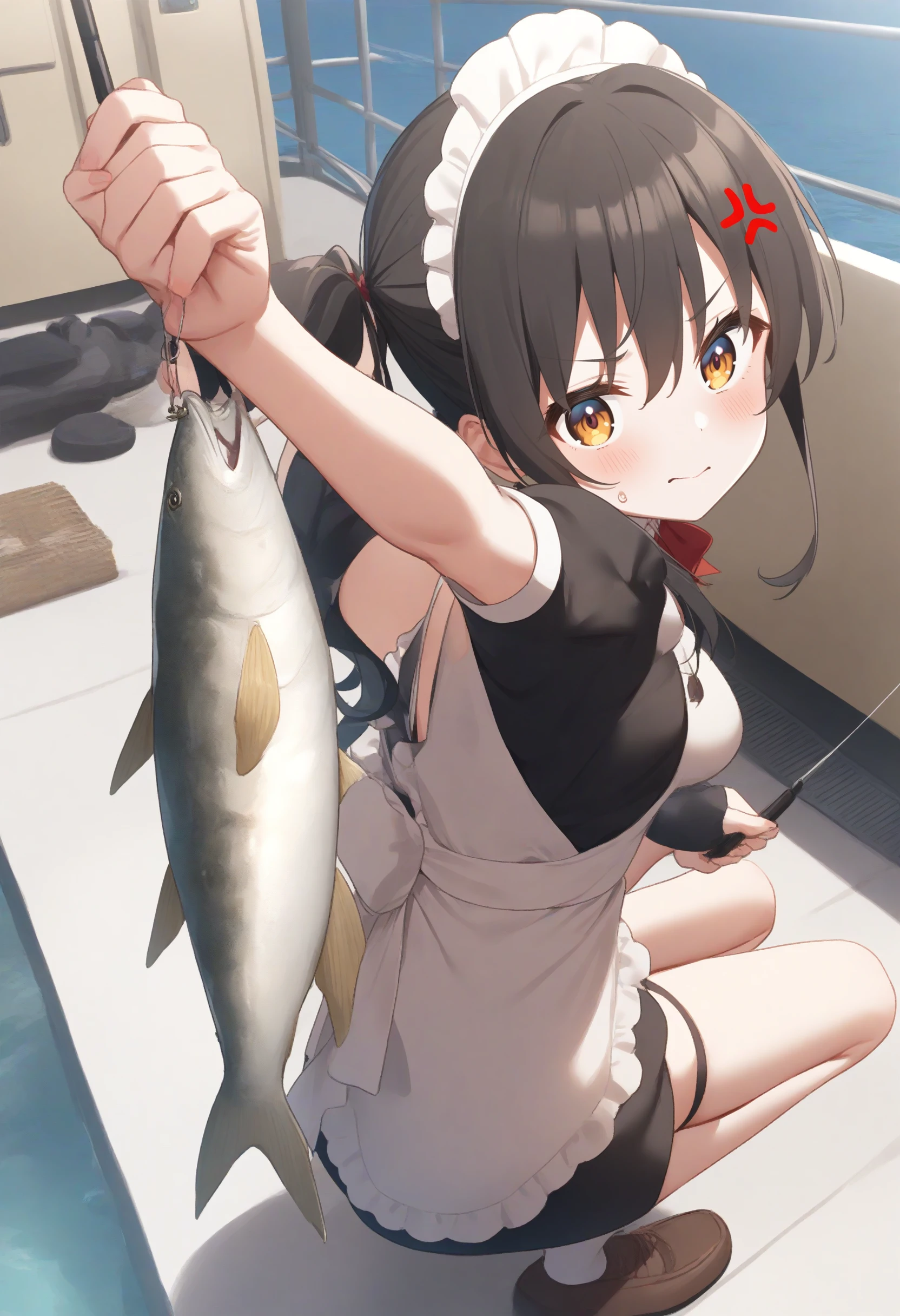 1girl,sincos, ningen mame, toosaka asagi,solo,medium breasts,20yo,maid,maid headdress,
fishing, fishing rod, fish, boat, holding fishing rod, holding fish, ocean, day, arm up, water drop, fishing line, <lora:fishing_XL_v1:0.8>
from behind, full body, looking ahead, blonde hair, golden eyes,anger vein,  closed mouth, drill hair,,
best quality, very aesthetic, absurdres