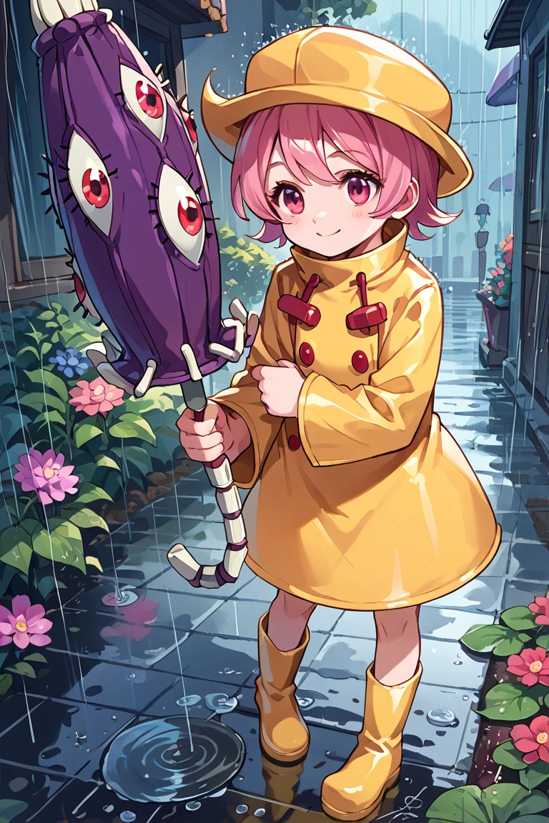 score_9, score_8_up, score_7_up,source_anime,skg_umbrella, 1girl, solo, blush, smile, short hair, red eyes, hat, pink hair, flower, boots, pink eyes, umbrella, rain, yellow footwear, hydrangea, puddle, rubber boots, raincoat, yellow raincoat
