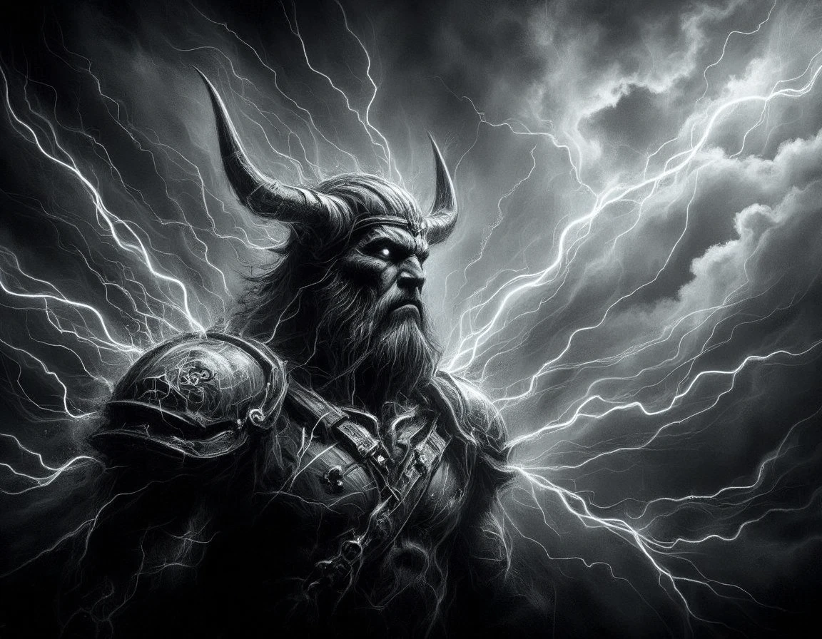 a charcoal electron  image of a beastmen \(warhammer\) .  There are some cloud, storm, wind in the electrons,<lora:Charcoal_Electron_Flux:1>,