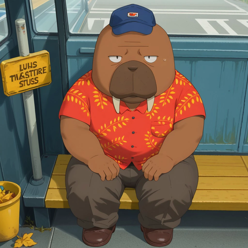 1boy, furry male, anthropomorphic walrus, wide body, average height, wide and round face, thick arms, large tusks, brown skin, male, prominent tusks, wide jaw, black dot eye, chubby, round body, Red short-sleeved shirt with yellow leaf print, Hawaiian style, Dark brown pants, Simple brown shoes, Blue cap with a logo on the front, 4k, masterpiece, best quality, highly detailed, detail background, cartoon style, 2d, thick thighs, wide hips, solo, sitting, arms crossed, high angle, looking at viewer, stoic expression, sitting at bus stop