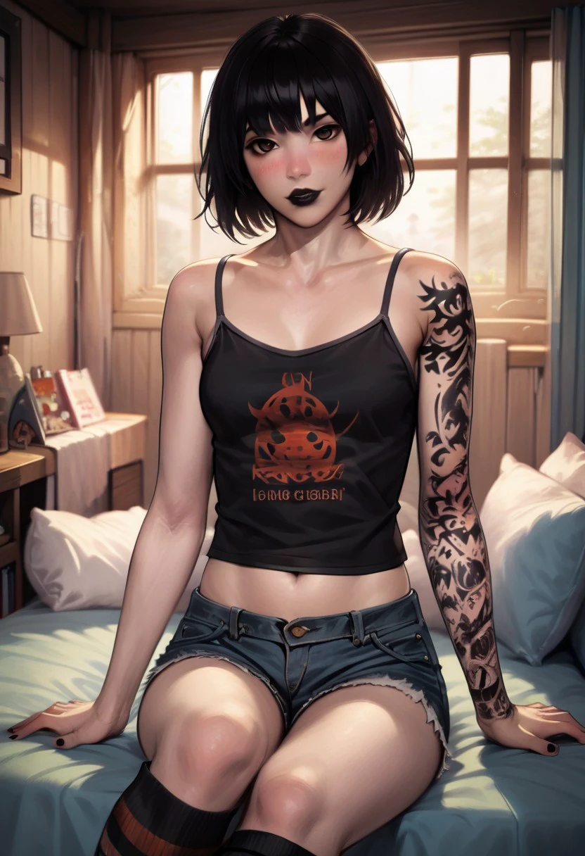 (score_9, score_8_up, score_7_up), raw, photo, realistic, 1girl, 20 year old, M1na, solo, black hair, thick bangs, medium hair, brown eyes, EyesHD, arm tattoo, black lips, black nails, looking at viewer, seductive, house party, (blush), (camisole), midriff, denim shorts, legs crossed, striped knee socks, cozy bedroom, girl sitting on bed, volumetric lighting, vibrant colors, depth of field