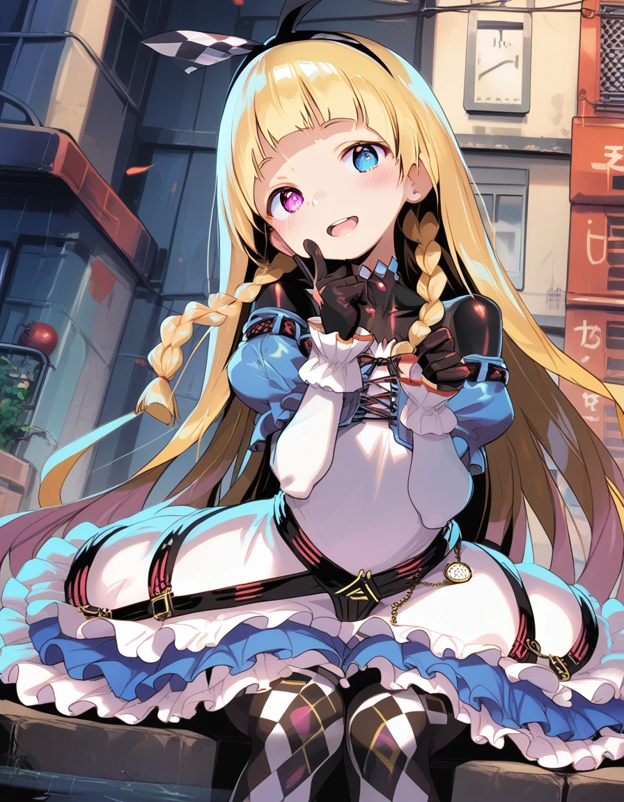 alyce_(dohna_dohna), blonde hair, long hair, pink eyes,blue eyes,heterochromia,twin braids, blunt bangs, side braids,
black hairband, bodysuit under clothes, black bodysuit, frilled dress, black gloves, argyle clothes, blue dress, white dress, watch, pocket watch, black footwear, frills, argyle legwear, pantyhose,two-tone dress, shoes, cross-laced dress, purple eyes, puffy sleeves, short sleeves, long sleeves, ribbon
 <lora:alyce_(dohna_dohna)_pony_v1:1>
sitting, dynamic pose ,
open mouth, blush,light smile
looking at viewer,(cowboy shot,:1.3),
outdoors,, score_9, score_8_up, score_7_up, best quapoty, highres, absurdres, source_anime, zPDXL2, 1girl,