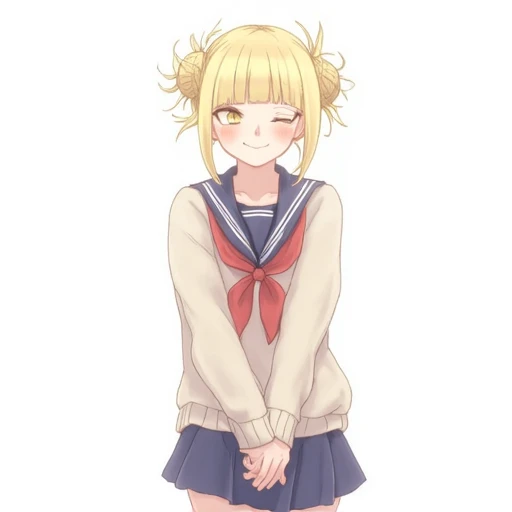 toga himiko, 1girl, solo, blonde hair, smile, skirt, school uniform, simple background, hair bun, white background, sailor collar, looking at viewer, double bun, teeth, bangs, yellow eyes, blunt bangs, neckerchief, serafuku, grin, one eye closed, blush, pleated skirt, messy hair, cardigan, long sleeves, red neckerchief, sidelocks, blue sailor collar, blue skirt