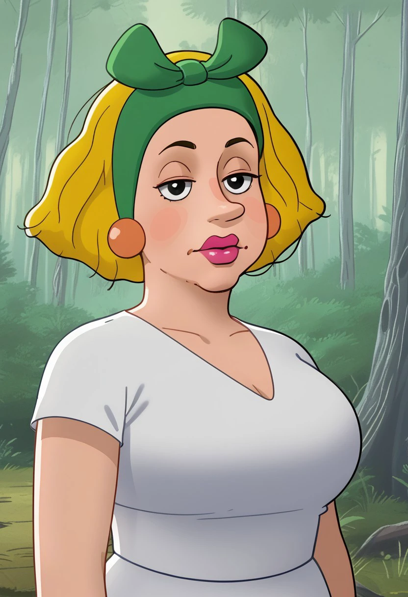 solo focus, margo, short blonde hair, green hairband with bow, half closed black eyes, pink lips, busty, stocky, forest background,