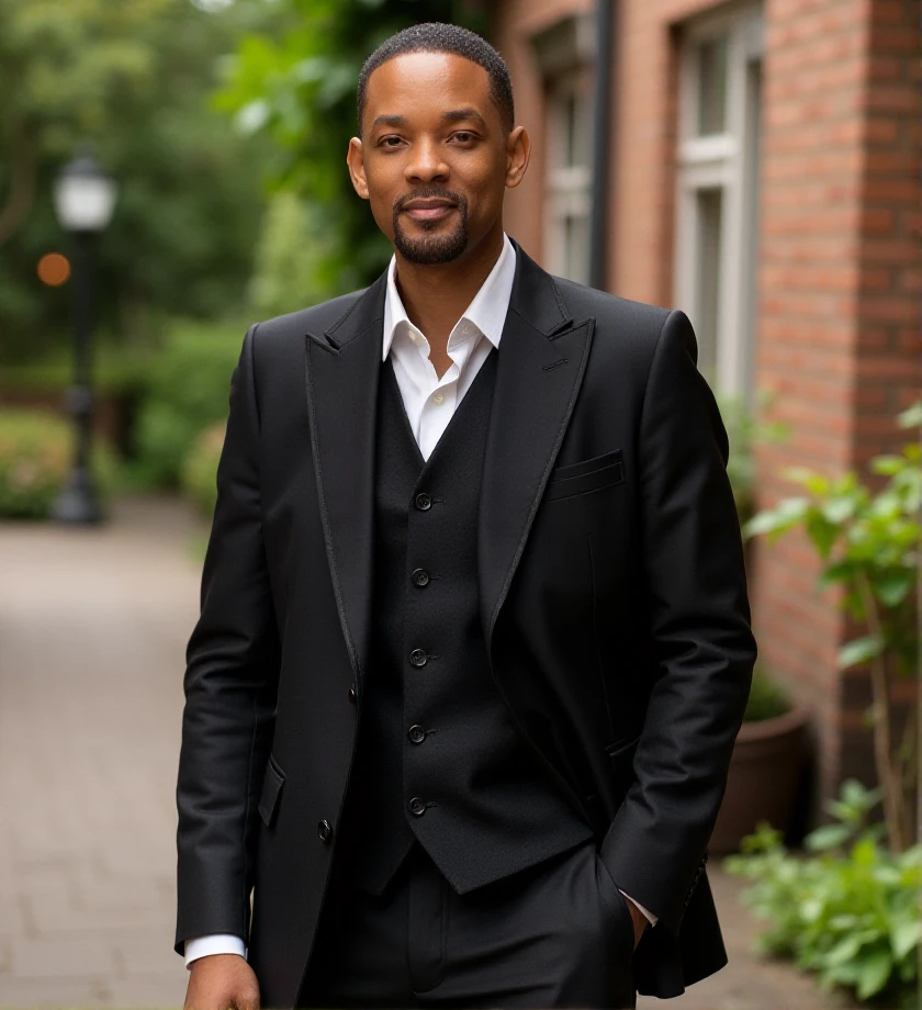 ,  photography. portraiture. 80mm lens. F2.8. , outdoor. photography. f/2.8 macro photo, bokeh, photorealism, elegant jacket and trousers,  <lora:will-smith-flux-w1ls5:1> w1ls5