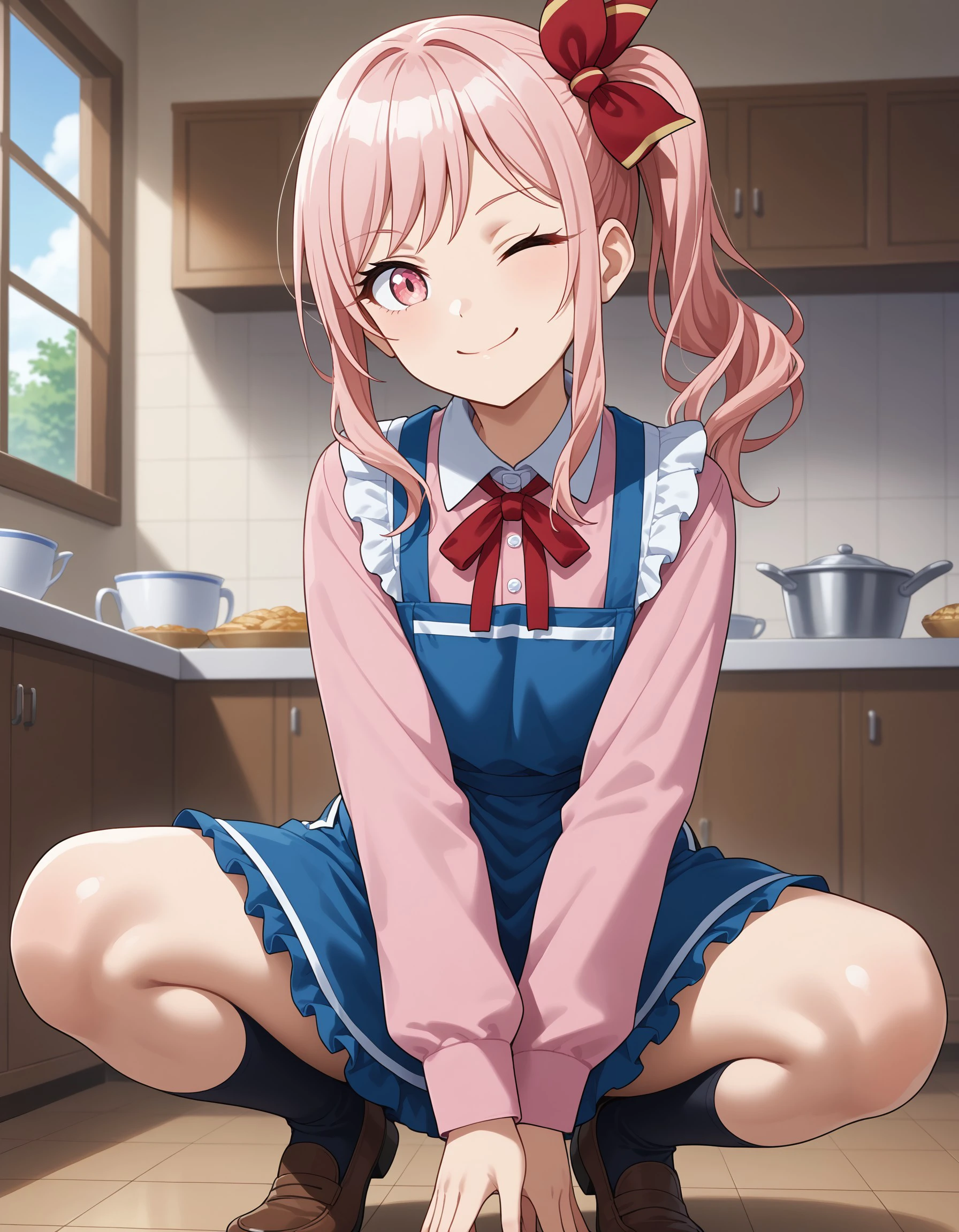 (masterpiece), best quality, expressive eyes, perfect face, akiyama_m, long hair, smile, skirt, shirt, long sleeves, bow, ribbon, closed mouth, white shirt, hair bow, sidelocks, frills, one eye closed, solo focus, collared shirt, indoors, apron, side ponytail, red ribbon, neck ribbon, squatting, pink shirt, ;), blue apron, <lora:2b3ece8f-5cff-4de1-95f1-40db7d35ae8a:0.7>