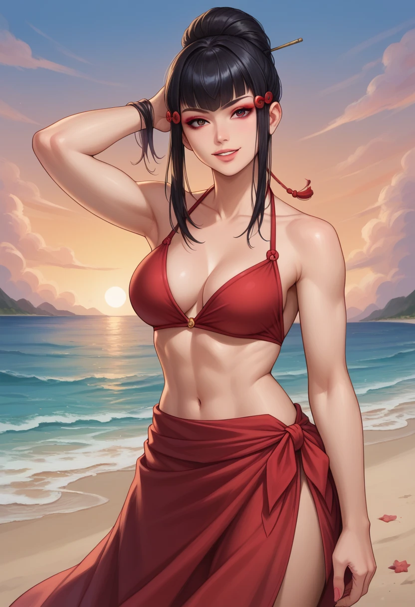 score_9, score_8_up, score_7_up,  source_anime,  BREAK solo, 1 girl,   <lora:TekkenKazumi:1>,   TKNKZMI, black hair, blunt bangs, red eyeshadow, sidelocks, hair ornament, hair bun, parted lips, smile, beach, red sarong, red bikini, adjusting hair, looking at viewer, side-slit, sunset,