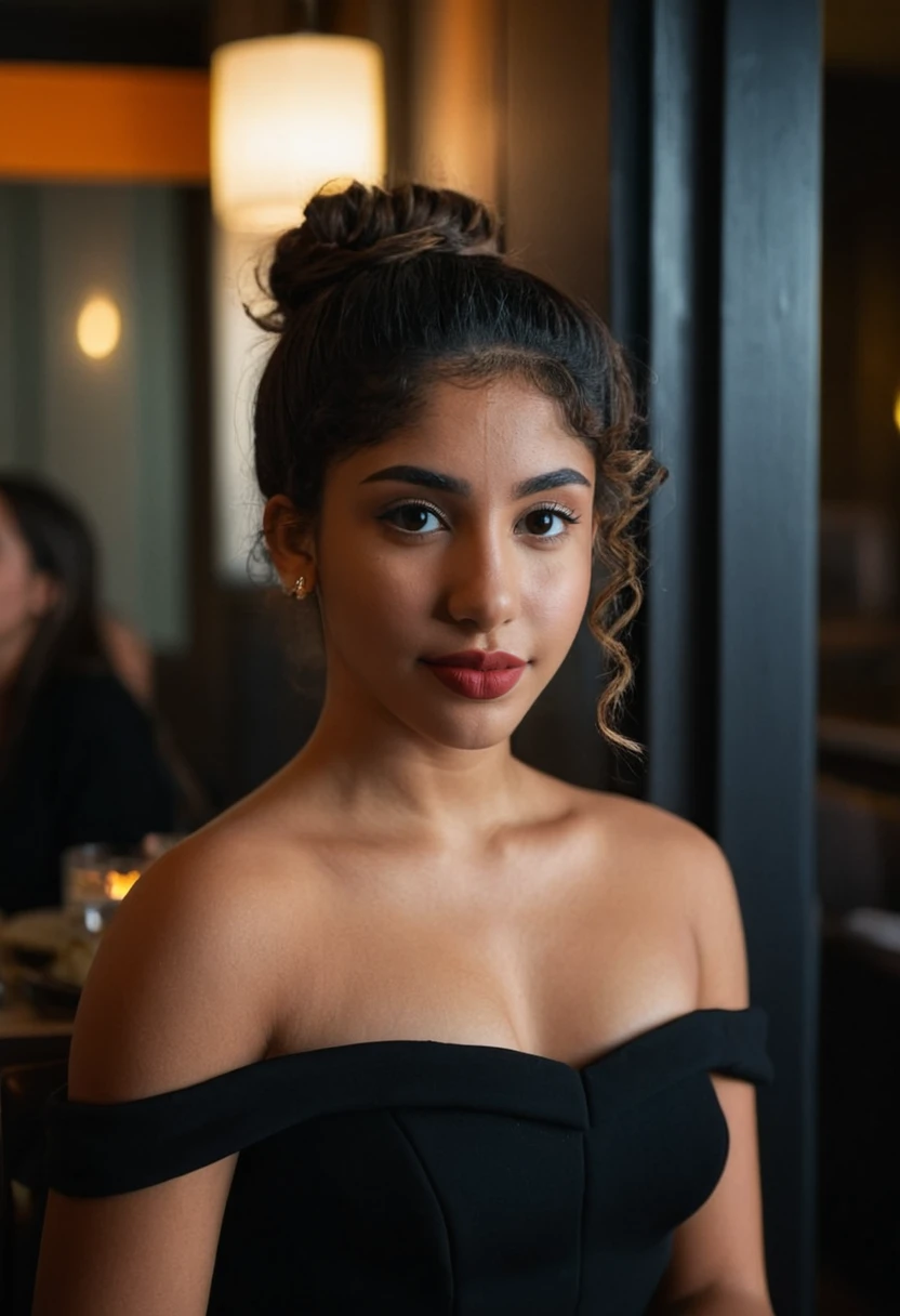 A photograph of (1girl, 21 years old,  slight smile, <lora:ZH_IsaFerreira_v1SDXL:1>, zh_isaferreira, solo, long hair, realistic, brown hair, looking at viewer, brown eyes) ((hair updo)) wearing (black dress, bare shoulders ,lipstick, makeup, strapless dress)