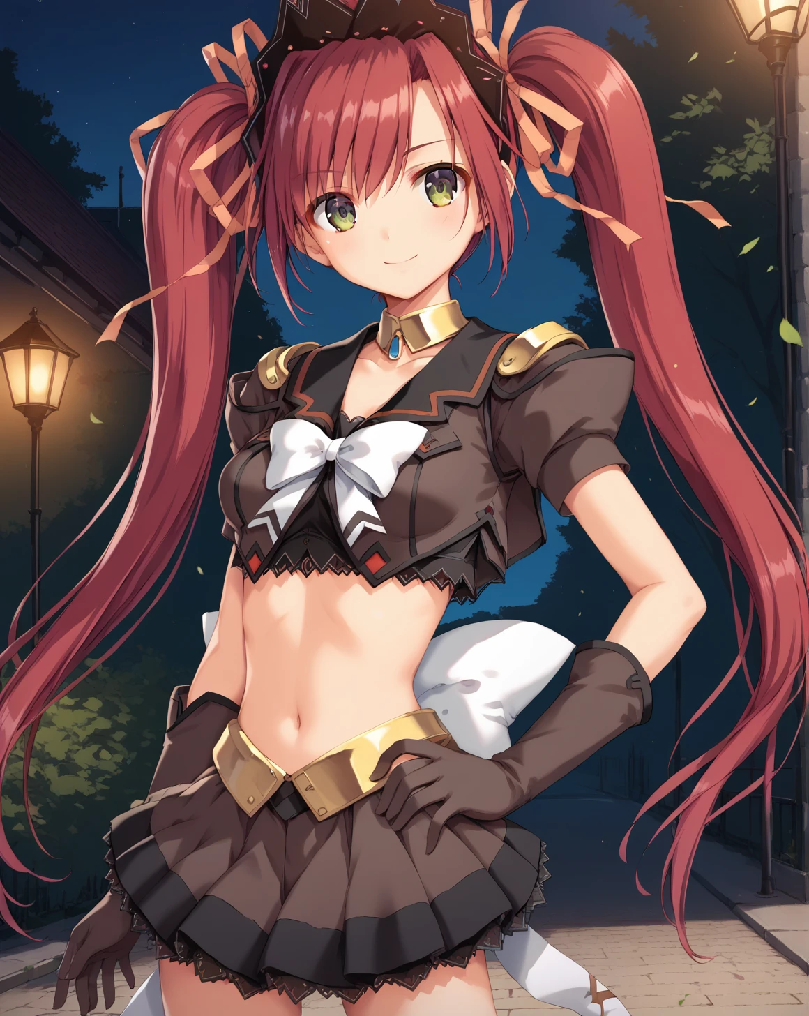 sweet passion,<lora:sweet_passion_v1.15-000009:1>,twintails,long hair,hair ribbon,red hair,headdress,medium breasts,dark green eyes,
crop top,skirt,gloves,
1girl,solo,
arm at side,hand on own hip,
night,outdoors,park,
light smile,, score_9,score_8,score_7_up,source_anime,best quality,masterpiece,uncensored,detailed eyes,zPDXL,