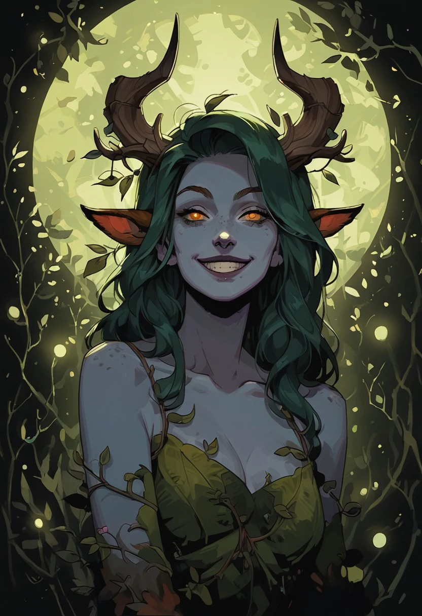 score_9, score_8_up, score_7_up, BREAK, 1woman portrait, beautiful, dramatic lights ((Dryad, Satyr, Faun, (Blue skin)1;3, horns, wooden horns, treebranches as horns, green hair, smile, happy, joyfull, sundown, sundown light)))