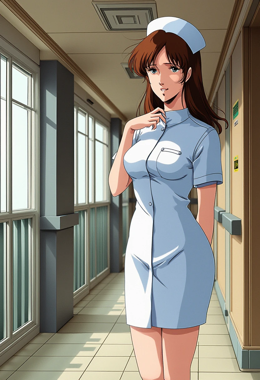 Anime style, sharp, high contrast and highly detailed. Ghibli anime style. Perfect anatomy. Perfect body ratio. No oversized head. No blurry, out of focus pictures. No simple background, no single color background.
She is wearing a white nurse uniform and a pure white nurse cap. She is standing in the lobby of a modern hospital, looking at camera with a smile. She has brown hair.
Wide angle, full body.
 <lora:Misa Hayase - (Flux)_epoch_5:1>, hayase_misa <lora:Nurse_Uniform_-_Anime_Flux-000003:1>