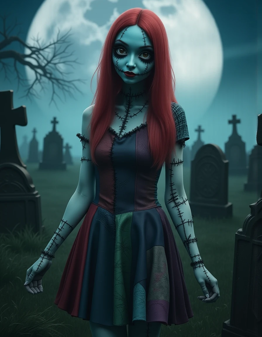 A zombie girl with tattered dress, in an apocalyptic dessert shop with creepy ice creams. style of Monster Core. Ultra realistic photo, vibrant colors, 16k