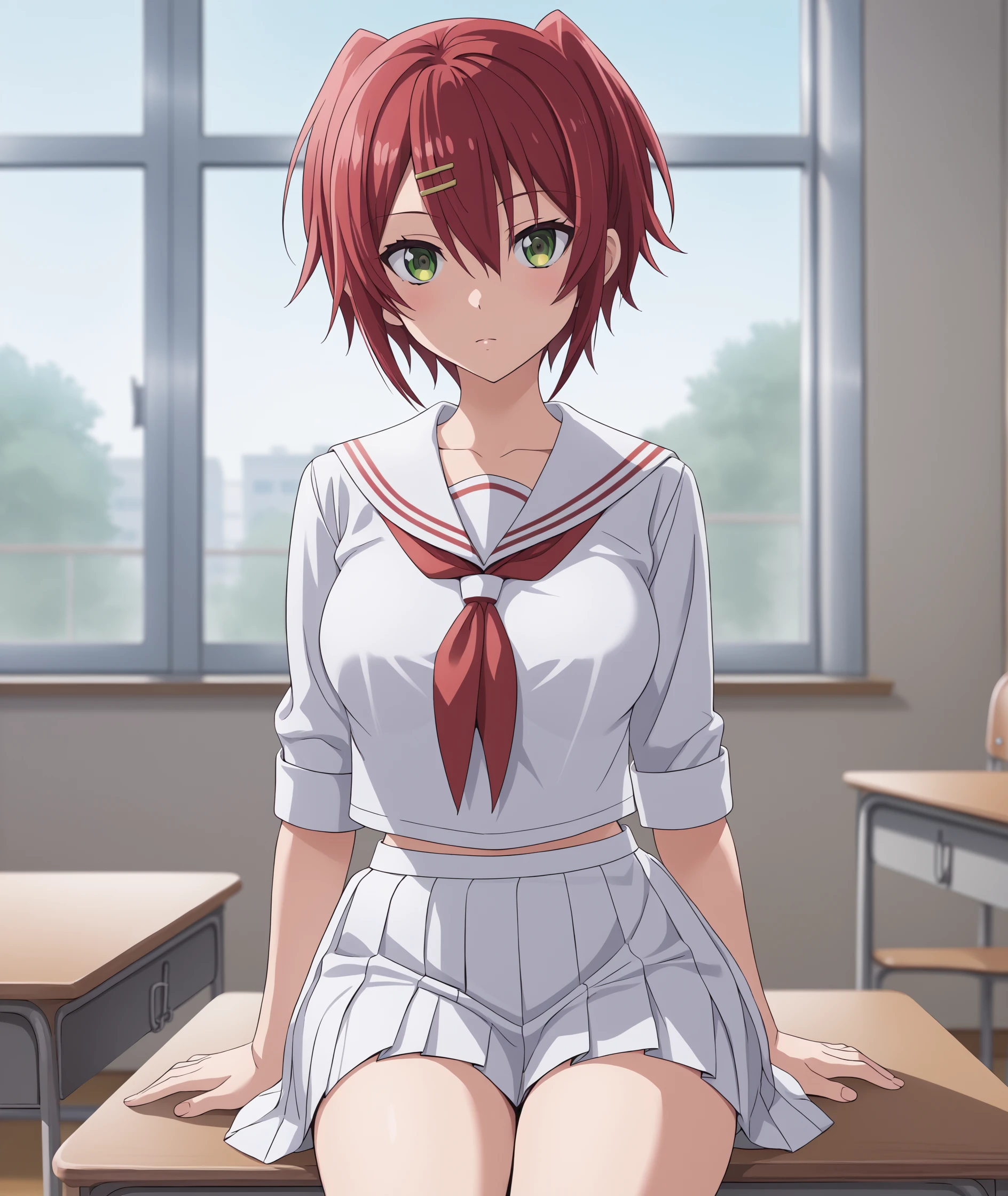 score_9, score_8_up, source_anime, highres, hi res, best quality, masterpiece, 2d, intricate details, official style, anime, 4k, anime style,
1girl, solo, female, short hair, hair between eyes, green eyes, sidelocks, red hair,
breasts, large breasts, medium breasts,
school uniform, serafuku, seifuku, sailor collar, sailor fuku, white sailor collar, pleated skirt, white shirt, white skirt,
sitting, facing viewer, looking at viewer, cowboy shot, indoors, school, school class, classroom, <lora:KiriyaSenshou1024_Pony:1>, senshou kiriya, megami-ryou no ryoubo-kun,