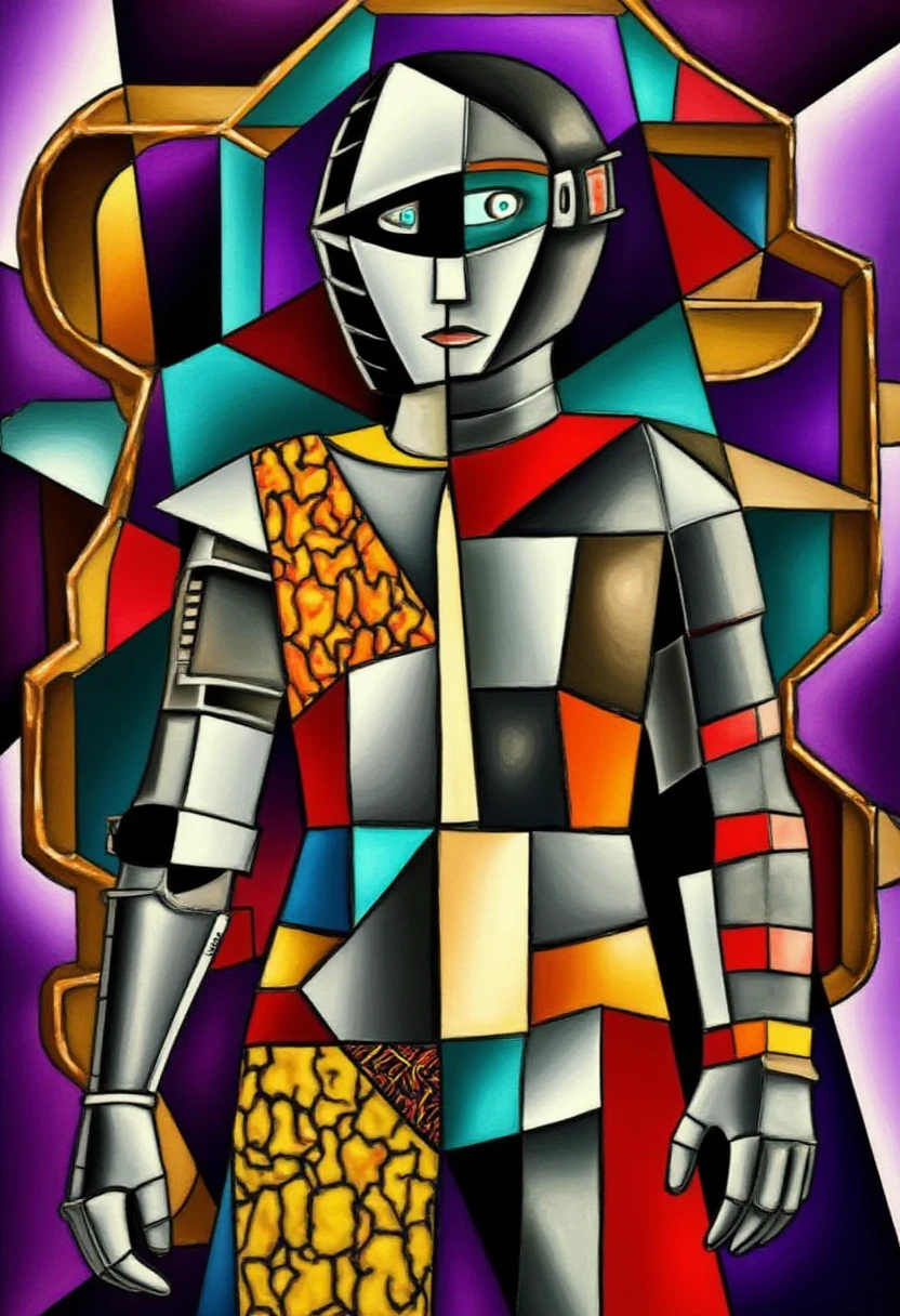 A futuristic figure dressed in an amalgamation of vintage and space-age fashion, fractured into geometric planes. The figure appears in multiple times at once, with pieces of Roman armor, 1920s attire, and a sleek spacesuit visible from different angles. The entire piece blurs the concept of time, reflecting the abstraction of past, present, and future. The background features interlocking timelines in a vivid palette of purples, blues, and metallics. ,  CubismStrokes