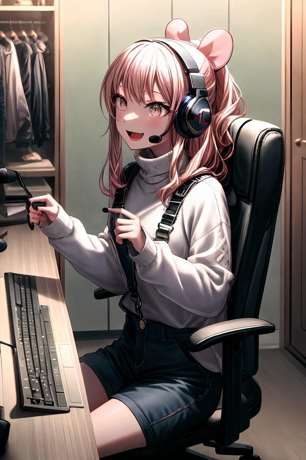 (masterpiece), best quality, expressive eyes, perfect face, akiyama_m, long hair, smile, open mouth, long sleeves, bow, holding, ponytail, hair bow, sidelocks, shorts, indoors, sweater, cup, plaid, turtleneck, headphones, chair, holding cup, microphone, headset, mug, turtleneck sweater, white sweater, overalls, computer, monitor, coffee mug, keyboard (computer), office chair, mouse (computer), clothes hanger, <lora:0a70ac4e-017c-4b3c-8a37-91bb98b23c88:0.7>, <lora:more_details:0.7>