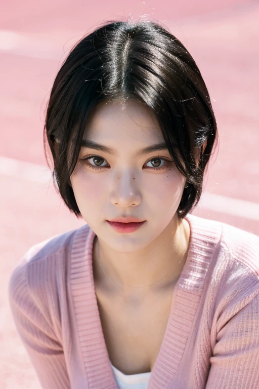 masterpiece, best quality, ultra-detailed, ultra high res, (photorealistic:1.4), raw photo, (realistic:0.2), 8k HDR, realistic cool temperature lighting, 1girl, solo, asymmetrical short hair, outdoor, (simple pink background:1.2), bokeh, (detailed lips), (detailed pores), (detailed skin textures), (detailed face:1.2), (body:1.2), a woman in a cardigan, promotional image, a character portrait, thigh gap