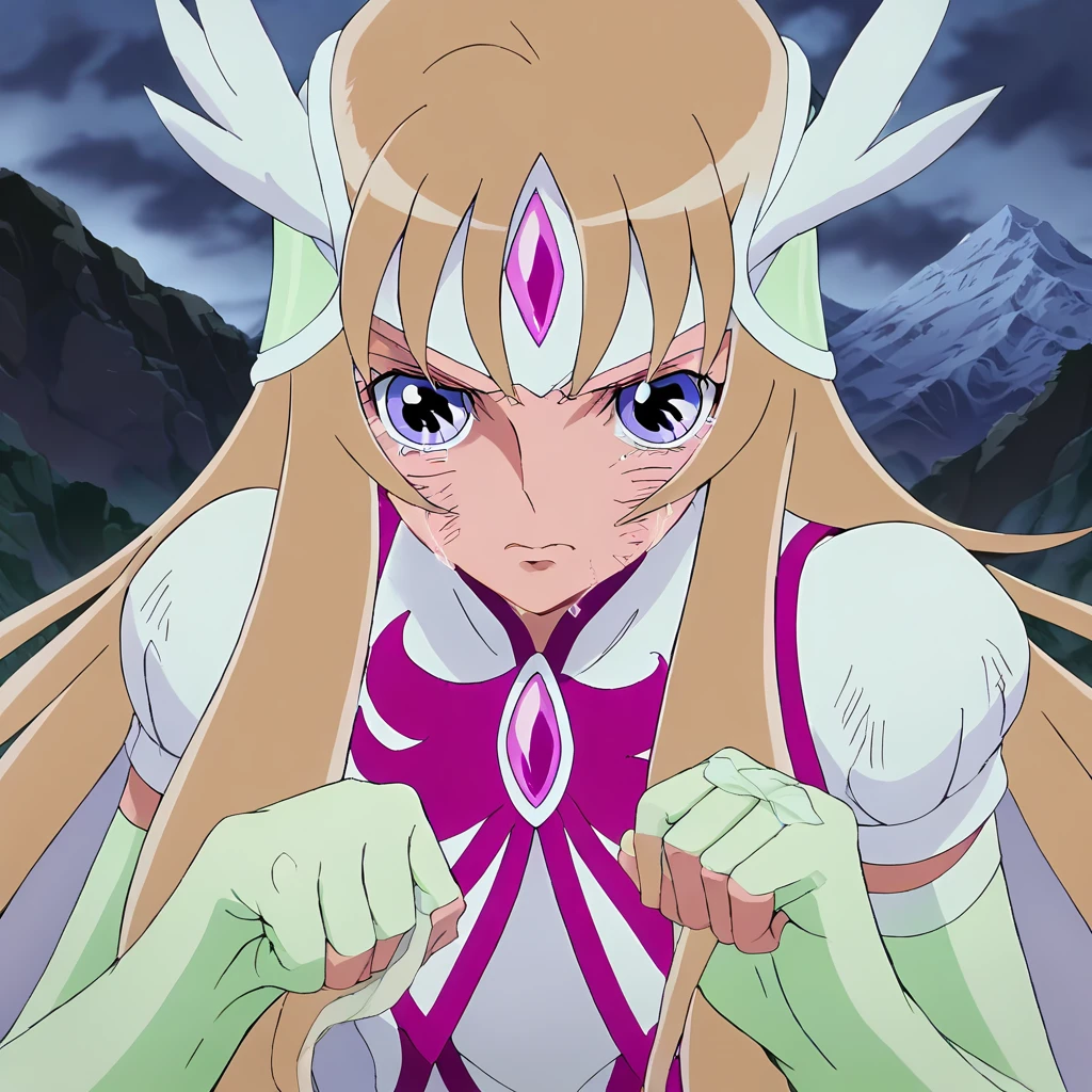 <lora:Aquila_Yuna (1):1>, Aquila Yuna, purple eyes, blue eyes, 1girl, solo, score_9, score_8_up, score_7_up, highres, best quality, masterpiece, anime coloring, wringing clothes, mountain, serious, magical girl, elbow gloves, crying, grey eyes, sad, blue eyes, dirty face, long sleeves, upper body