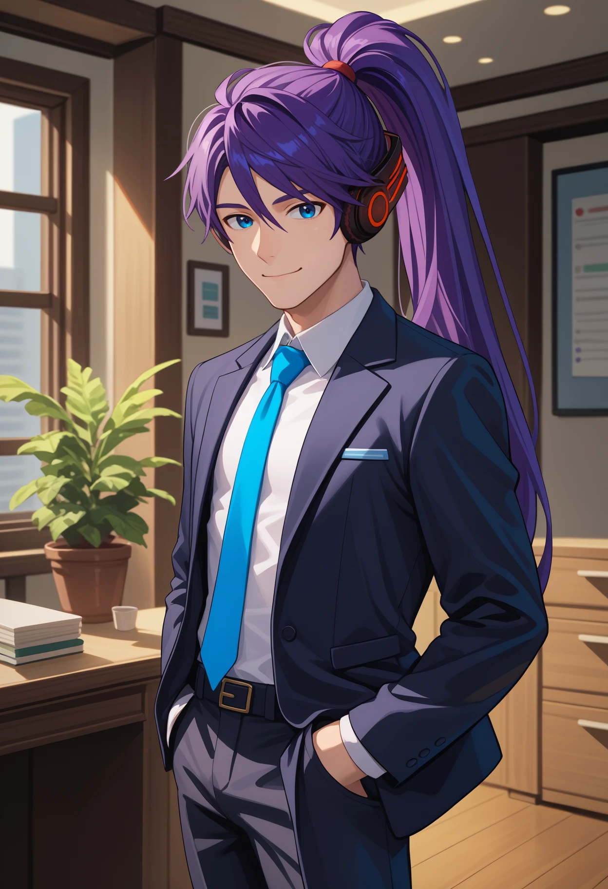 score_9, score_8_up, score_7_up, source_anime, <break> solo, male focus, 1boy, cmgkpo, smile, closed mouth, looking at you, standing, hands in pockets, long hair, purple hair, ponytail, headphones, blue eyes, formal, suit, black jacket, suit jacket, open jacket, long sleeves, white shirt, collared shirt, blue necktie, black pants, indoors, office
<segment:yolo-face_yolov8m.pt,0.4,0.5//cid=1>