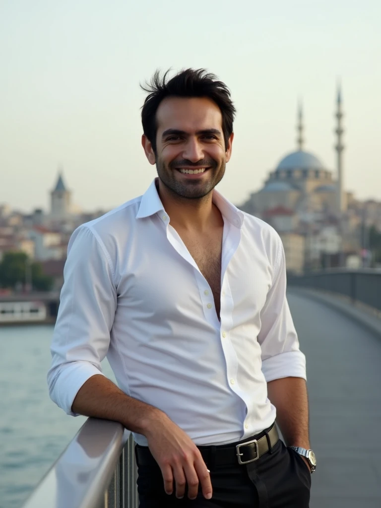 Bugra is standing on a bridge in Istanbul. He is leaning on the bridge railing and looking into the camera. It is a close-up of his upper body. He is elegantly dressed, his shirt is slightly unbuttoned. He is smiling dreamily.