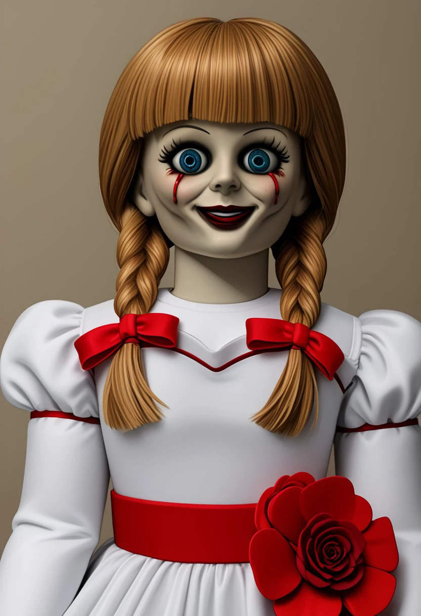 Annabelle, Smile, 1Girl, Dress, White dress, Twin Braids, Lipstick, Flower on dress, hair ribbon, blue eyes, bloody tears, ng_deepnegative_v1_75t, negative_hand