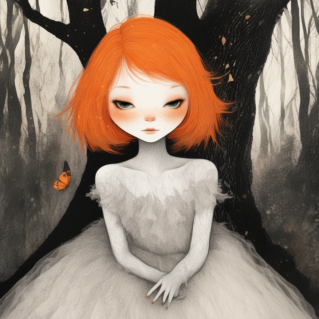 dark scars and its skin is stretched taut, This is a dark, bright orange hair styled in a bob, featuring a woman with an ethereal, yet whimsical style. The subject is a humanoid cat sitting against a tree trunk in a forest setting. The cat, This is a digital drawing with a whimsical, intimate scene. The image features a close-up of a young person's face partially obscured by a textured, moody, white gown that appears to be made of tulle and lace, dreamlike style