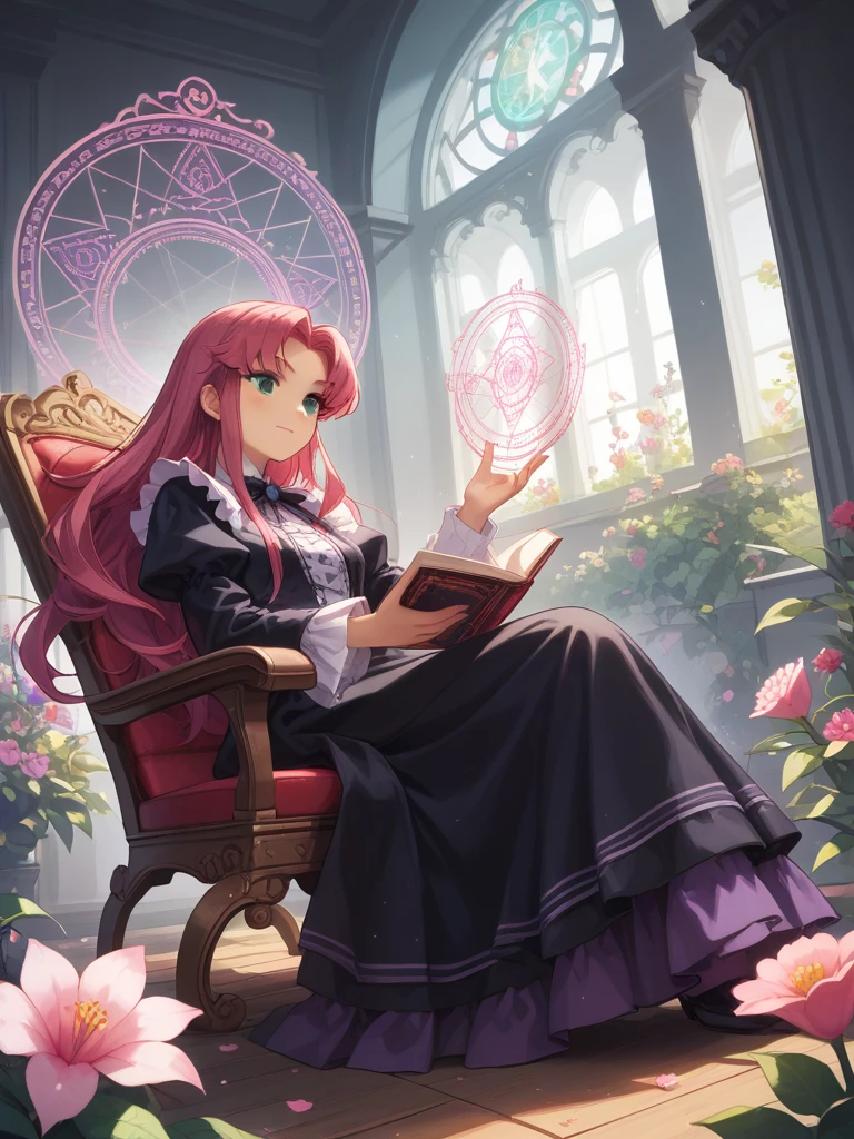 score_9, score_8_up, score_8,
Solo, 2.5d, highly detailed, intricate, beautiful aesthetic, anime artwork,
vibrant, extreme contrast, raytracing, dark colors, edgy, gothic,
magic circle, magic array,
starfire, teantitans, reddish pink hair, long hair, purple long dress with golden details, rocking chair, reading a book, flower garden, falling flowers,
expressive,